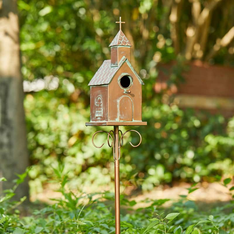 Glitzhome 53"H Farmhouse Distressed Metal Standing Churchlike Birdhouse Garden Stake