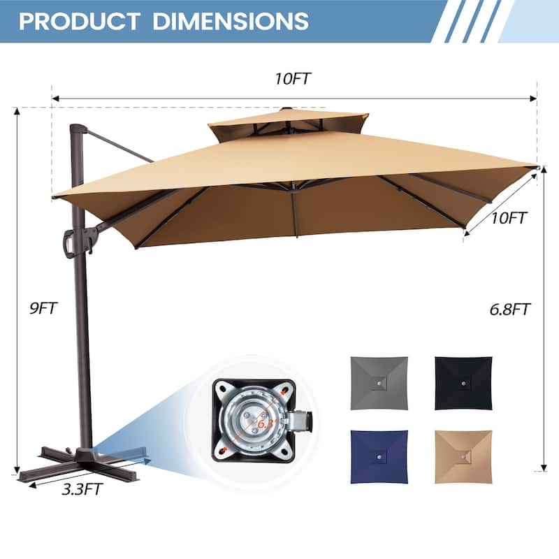 Crestlive Products 10FT Square Patio Cantilever-Offset Umbrella with Base