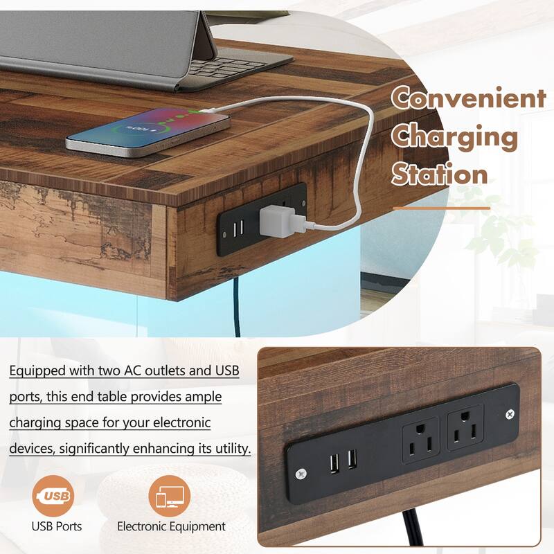 Farmhouse Coffee Table with 2 USB Ports, Outlets, Brown Spliced Wood Grain Center Table LED Square Cocktail Table