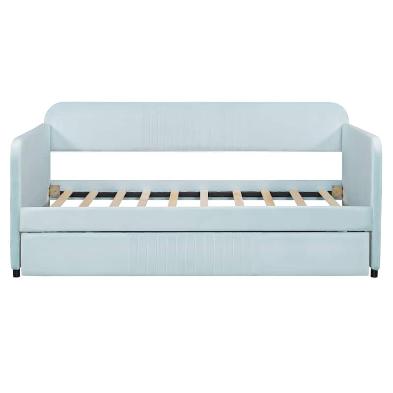 Light Blue Velvet Upholstered Twin Daybed with Trundle and Wood Slats