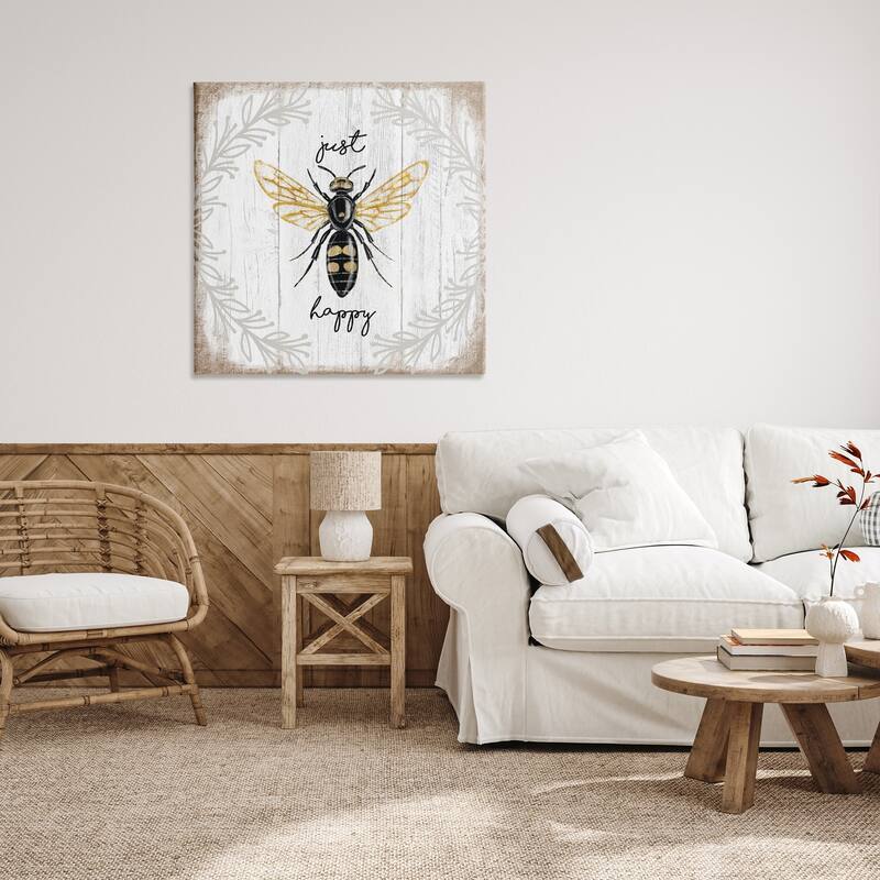 Stupell Just Be Happy Charming Rustic Bee Pun Canvas Wall Art - Brown