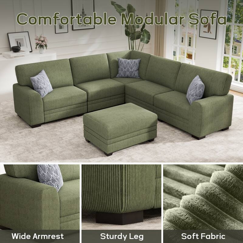 6 Piece Modular Corduroy Sectional With Ottoman