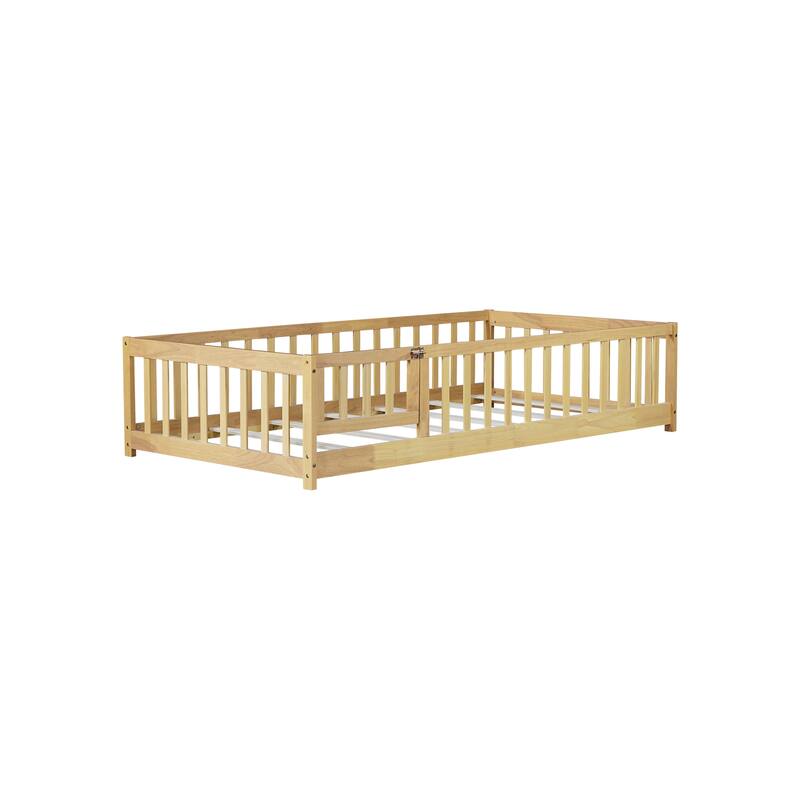 Twin Low Floor Kids Bed with Safety Fence and Reinforced Slats, Natural Rubber Wood Floor Bed for Toddlers