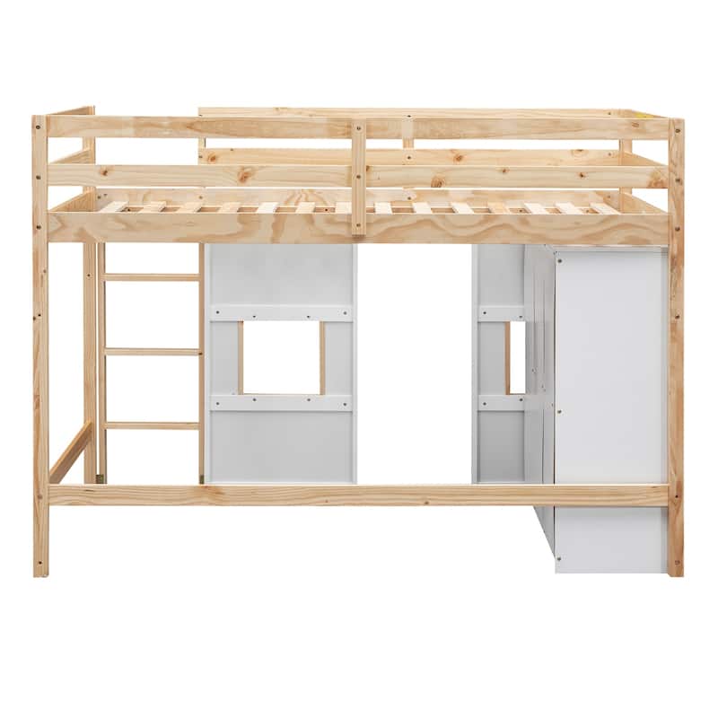 Wood Twin Size Loft Bed with Built-in Storage Wardrobe and 2 Windows w/Full-Length Guardrails, No Boxing Spring Needed