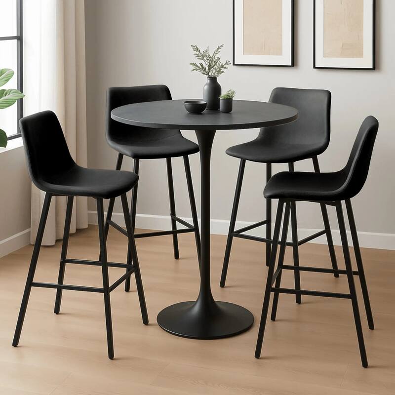 Elland 5-Piece Bar-Height Dining Set with Round MDF Bar Table and Upholstered Leather Bar Stools