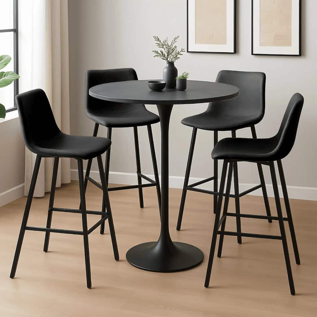 Elland 5-Piece Bar-Height Dining Set with Round MDF Bar Table and Upholstered Leather Bar Stools