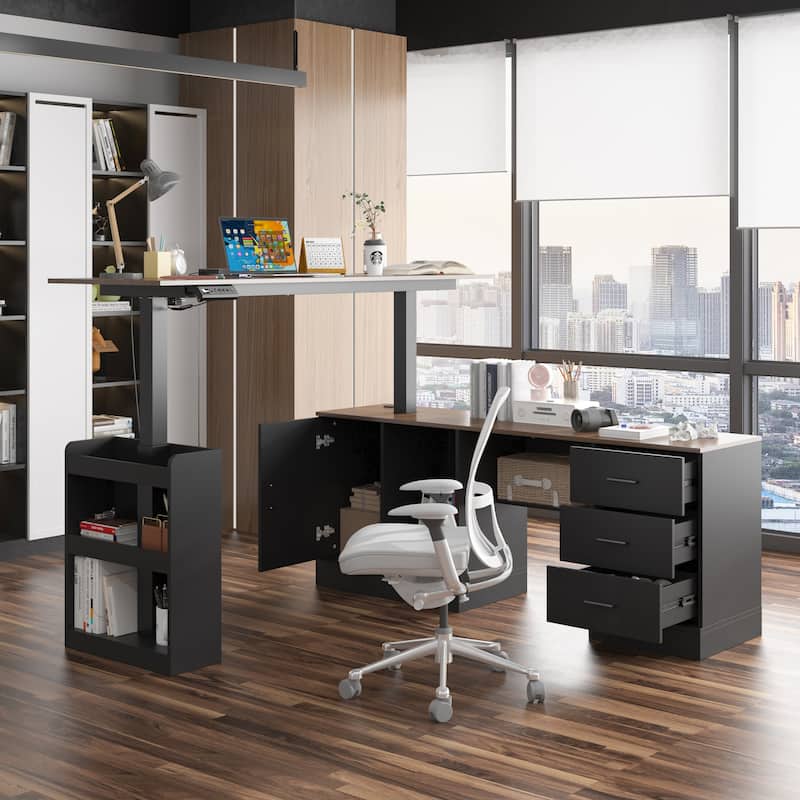 63" Adjustable Office Desk Ergonomic Design Ample Storage and Stand-Up - Black/Wood