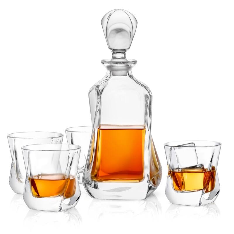 JoyJolt Aurora Non-Leaded Crystal 5 Piece Whiskey Decanter Set, Scotch Decanter with 4 Old Fashioned Glasses
