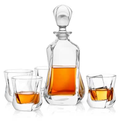 JoyJolt Aurora Non-Leaded Crystal 5 Piece Whiskey Decanter Set, Scotch Decanter with 4 Old Fashioned Glasses