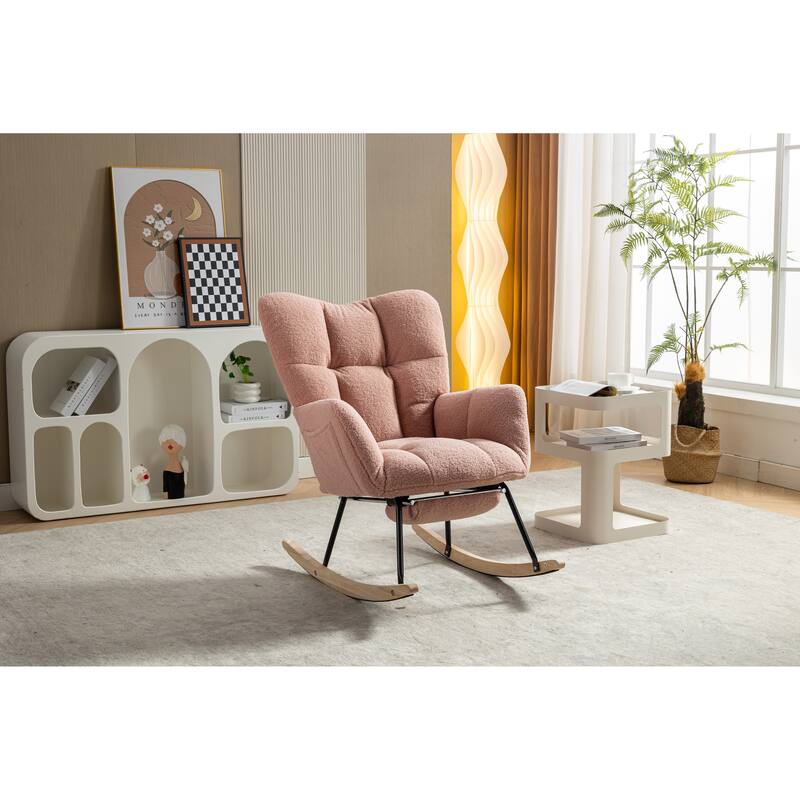 High Backrest Nursery Rocking Chair, Teddy Upholstered Glider Chair with Footrest, Recliner Chair with Solid Wood Legs