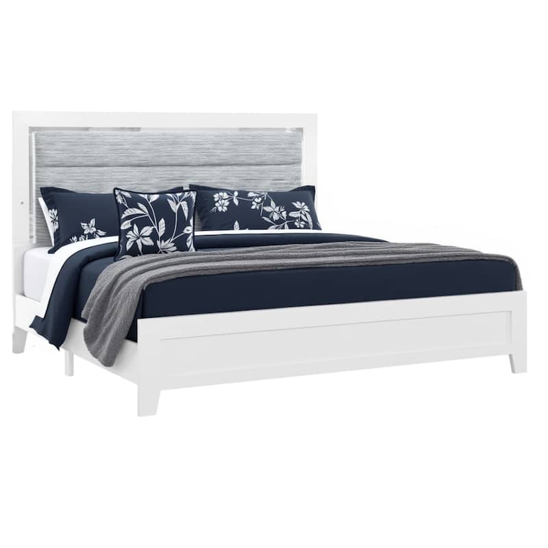 HomeRoots White and Light Gray Ribbed Texture Wood And Upholstery Lighted Queen Bed Frame