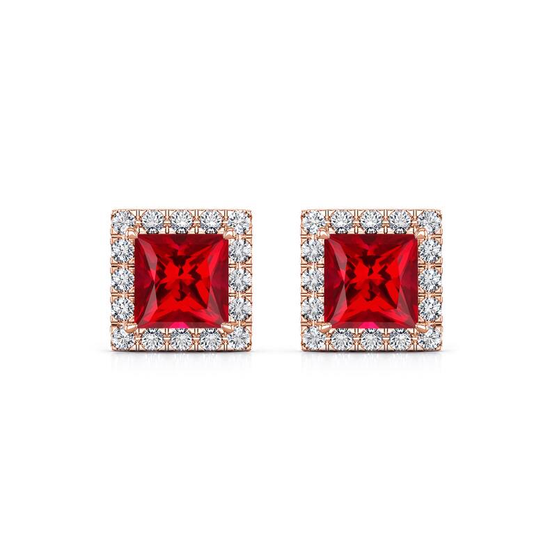 Auriya 14k Gold Lab Grown Gemstone Ruby Stud Earrings Princess 0.25 to 5.00 ct. tw. Halo Push-Back