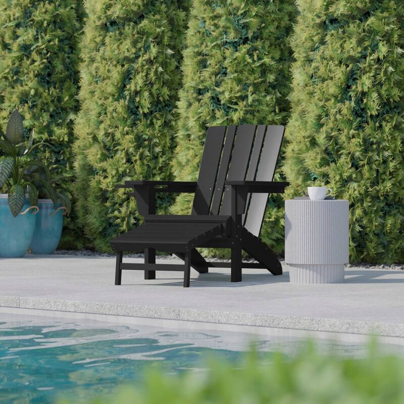 Commercial All-Weather Adirondack Chair with Pullout Ottoman & Cupholder