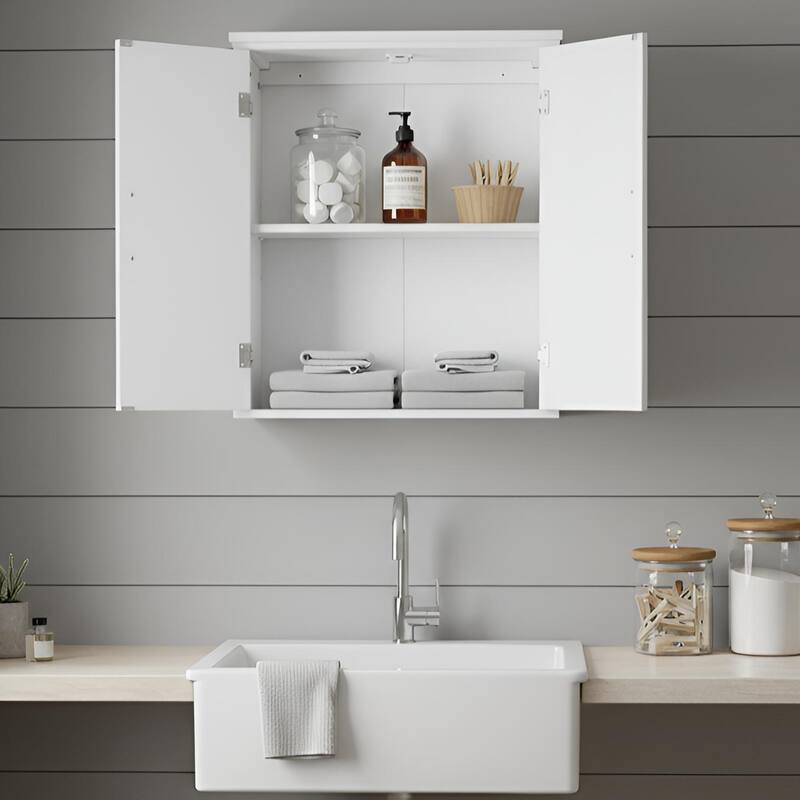Teamson Home Removable Wall Cabinet with Beadboard Doors & Adjustable Shelf, White Storage for Bathroom, Kitchen or Laundry Room