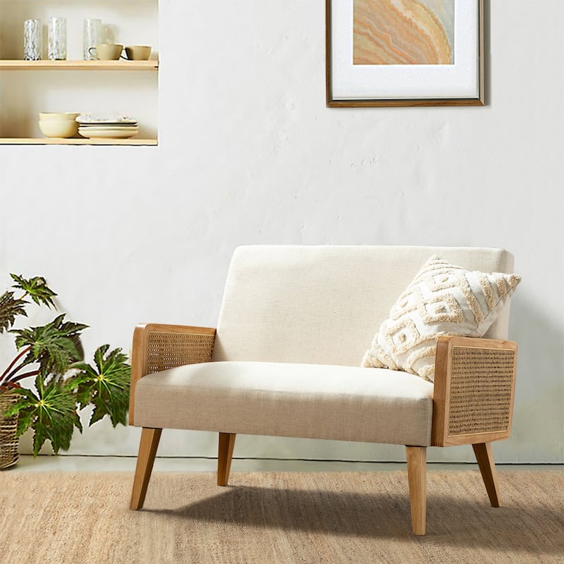 Sybil 43" Contemporary Solid Wood Upholstered Handcrafted Loveseat with Rattan Arms by HULALA HOME - LINEN