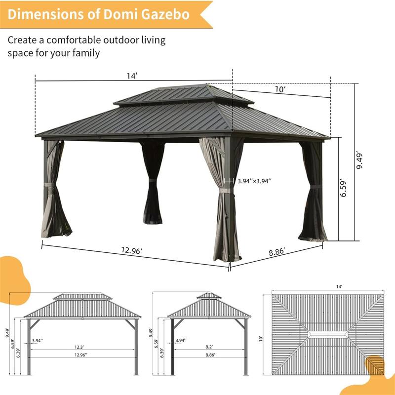 10' X 14' Aluminum Metal Gazebo with Galvanized Steel Double Roof Canopy