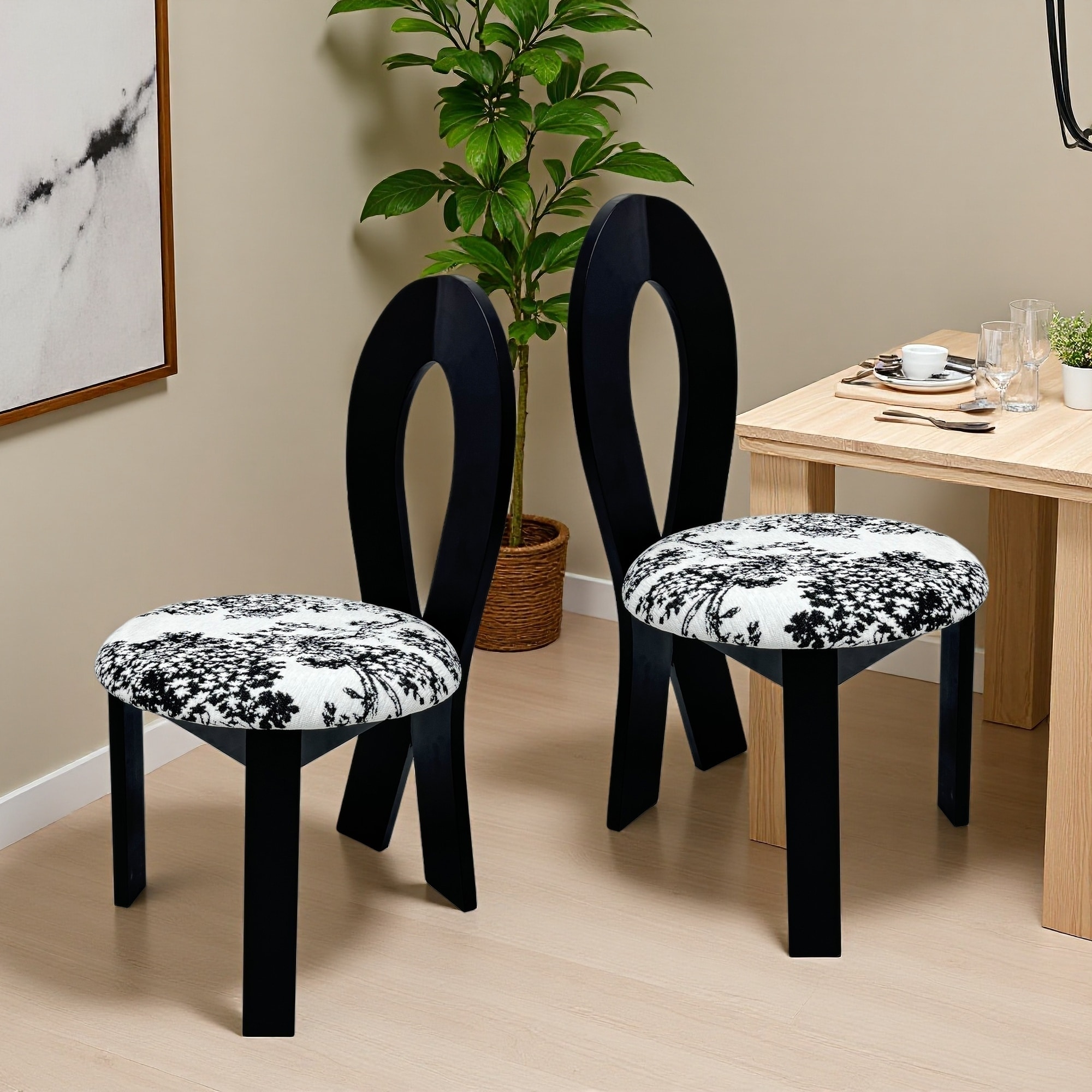 36"H Set of 2 Walnut Wood Dining Chairs, Linen Upholstered Seat with Round Cushion, Artistic Ribbon-Cross Backrest