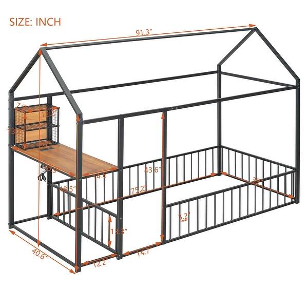 dimension image slide 1 of 4, Metal House Bed Frame with Built In Desk,Shelves and Charging Station