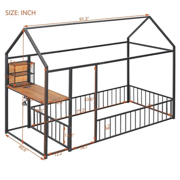dimension image slide 1 of 2, Twin Size Metal Bed Frame with Desk, House Bed with Shelves and USB Ports