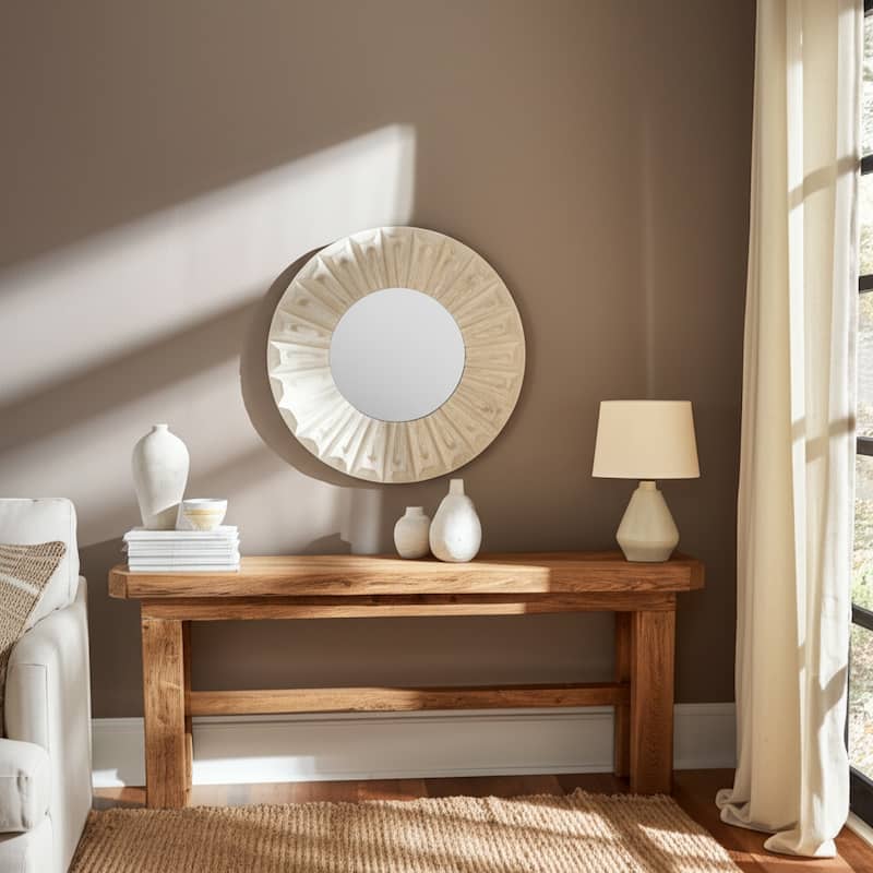 Wood Wall Mirror Modern Round Sculptured Carved Frame - 35" Ivory - 35.5" x 1.75" x 35.5"