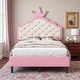 preview thumbnail 1 of 10, Twin Size PU Leather Princess Bed with Crown-Shaped Tufted Headboard, Pink and Cream Upholstered Kids Bed Pink
