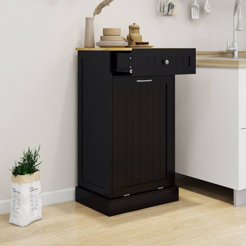 Anmytek 10-Gallon Woodgrain Tilt-Out Trash Can Cabinet with Wave-Textured Drawer for Kitchen,Bathroom