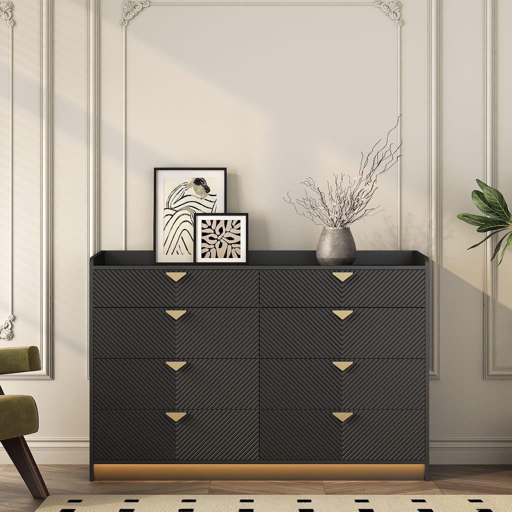 Drawer Dresser with LED Light, Wide Wood Storage Dresser Organizer, Double Storage Chest with 8 Drawer & Fluted Panel
