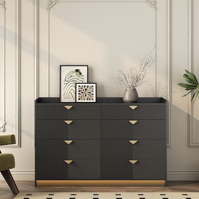 Modern Double Dressing Wood Storage Cabinet with LED Grooved Panel 8 Drawers, for Bedroom Living Room, Black