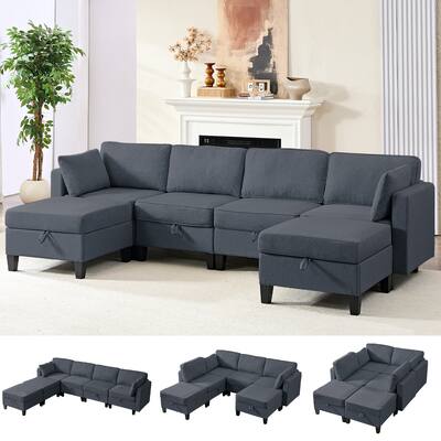 Mixoy Flexible Combination Reversible 4-Seater Modular Sofa with Ottomans,Linen Convertible Sleeper Sofa Bed with Storage Space