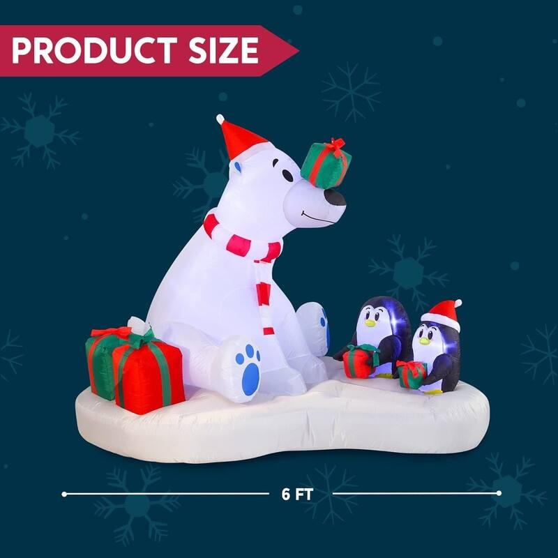 6 FT Long Christmas Inflatable Polar Bear and Penguin with Campfire Decoration, Blow Up Inflatable with Build-in LEDs - White