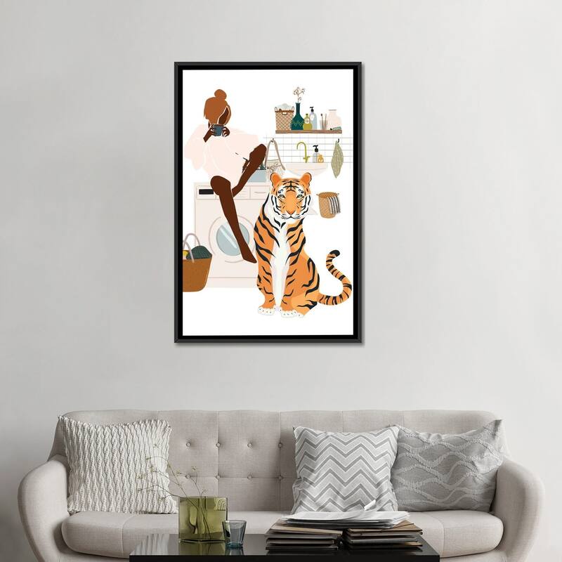 iCanvas "Tiger In Laundry Room" by Jania Sharipzhanova Framed Canvas Print