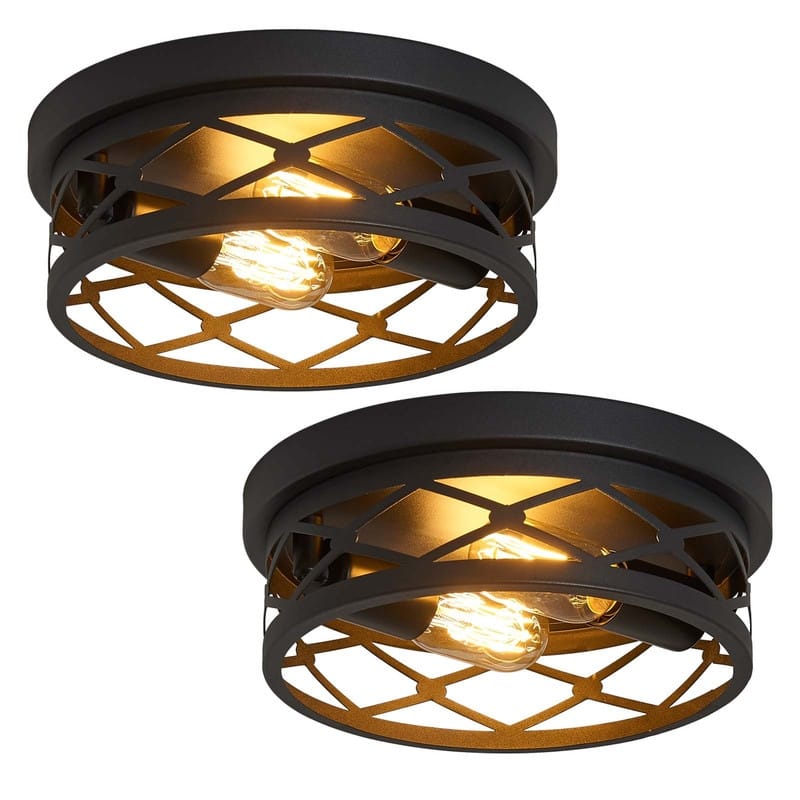 2-Light Black Farmhouse Flush Mount Ceiling Light-2 Pack - Grid light-2Pack