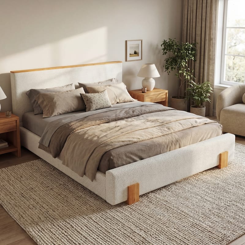 Christopher Knight Home - Verdes Modern Soft Boucle Upholstered Platform Bed with Solid Wood Legs, Trim & Padded Headboard