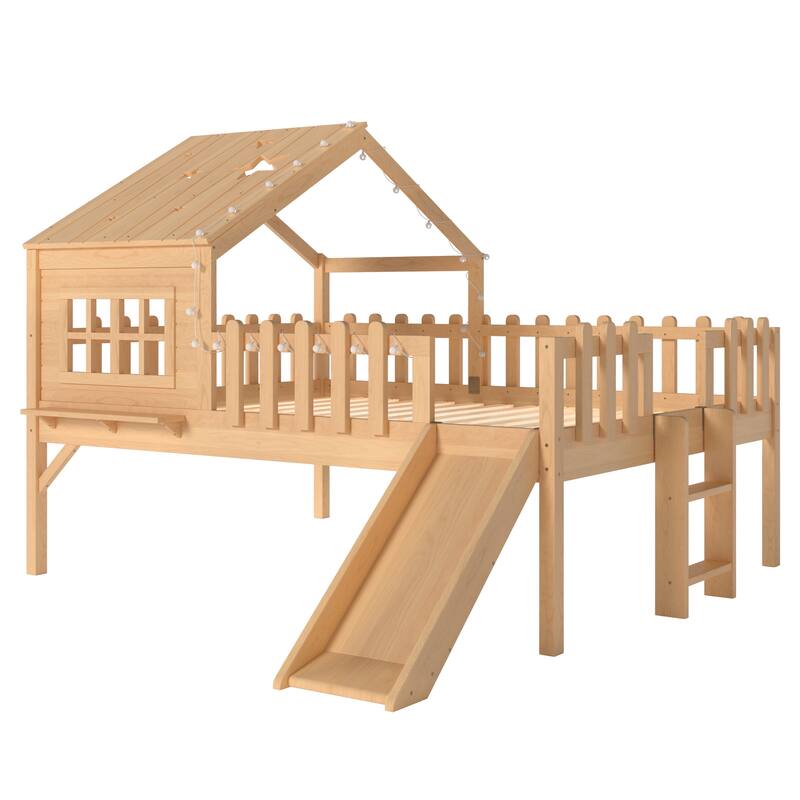 Full Size House Loft Bed with Slide,Playhouse Bed with Star Moon-shaped Designs and Window, Chic Design with LED Lights