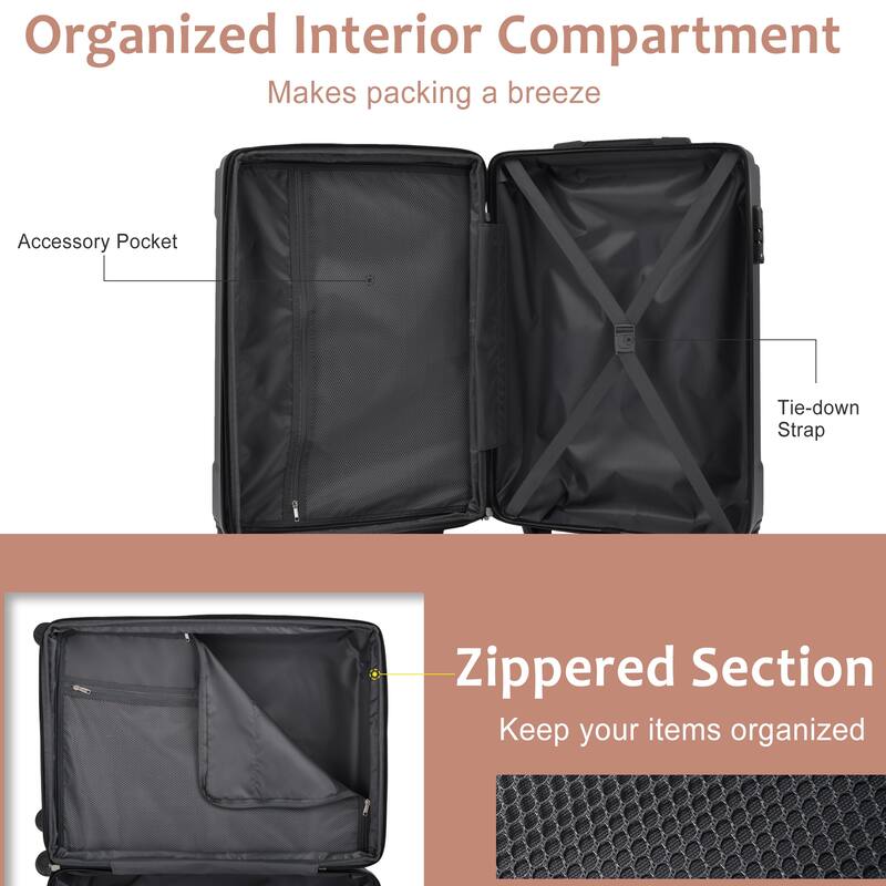 Hardshell Luggage 3 Piece Set with Side Handles, Spinner Wheels and Corner Protectors, for Boarding Travel