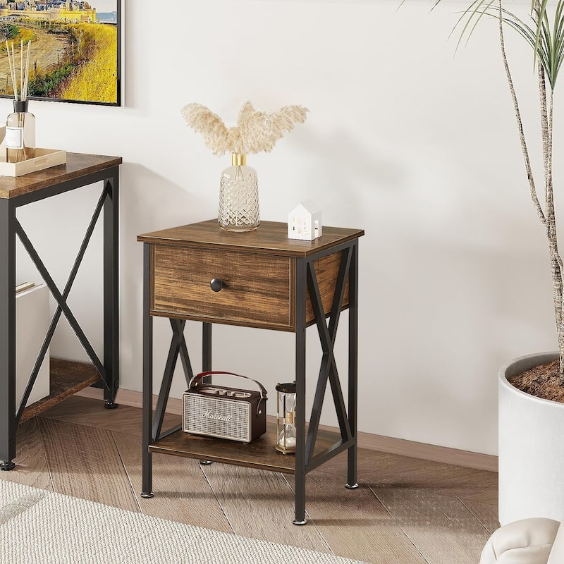 Modern 1-Drawert Nightstands X-Design with Storage Shelf, Set of 2 Nightstands