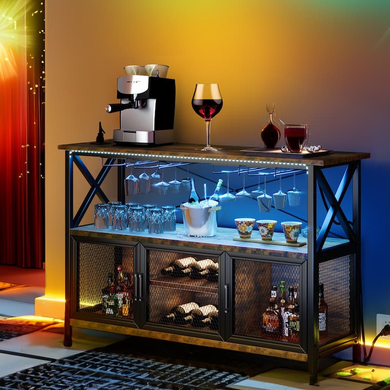 Moasis 55" Wine Bar Cabinet Industrial Coffee Bar Cabinet - 55.1"L x 15.7"W x 33.4"H - Brown