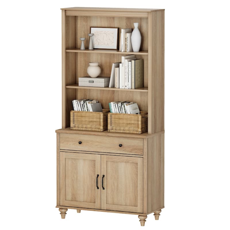 Oak Bookcase with Doors, Large Wood Farmhouse Book Case Shelf