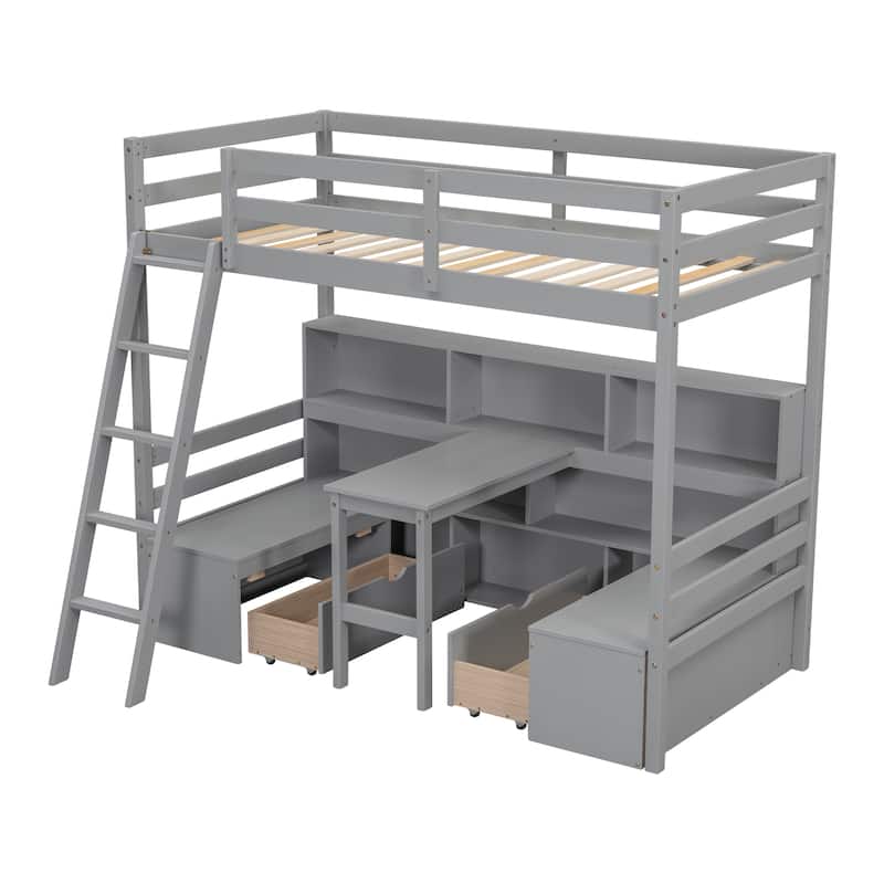 Space-Saving Twin Loft Bed with Desk, Shelves, and Storage Drawers - Ideal for Kids Rooms