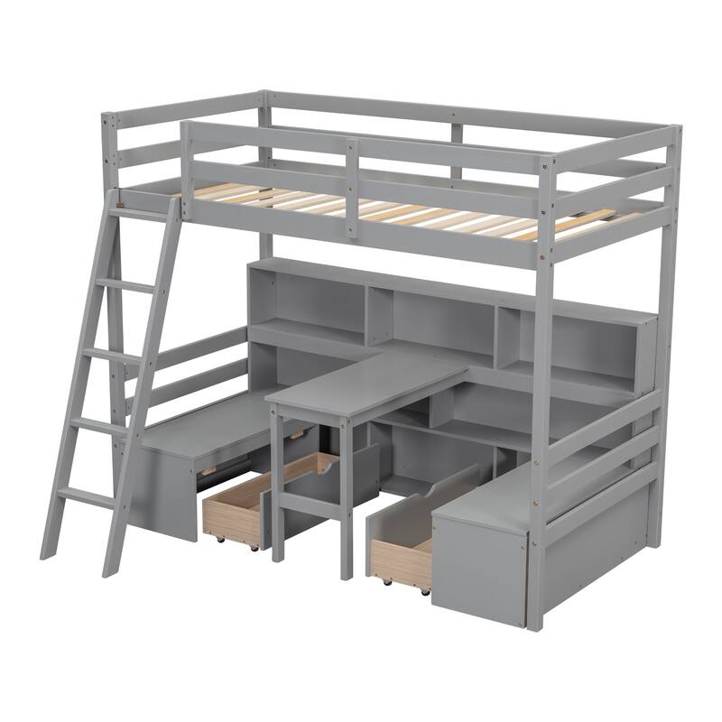 Wooden High Loft Bed Twin SIze with Desk and 2 Benches, Versatile Storage Loft Bed Frame with Built In Bookcase and 2 Drawers