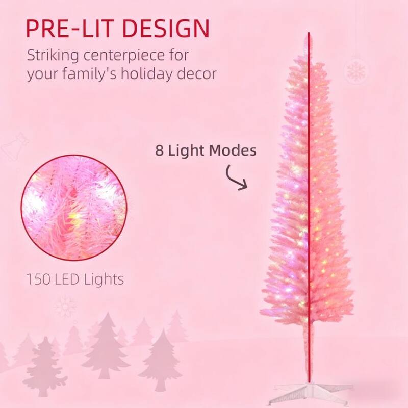 Pre-Lit Pencil Artificial Tree - Colorful Surface Branches, LED Lights - Pink