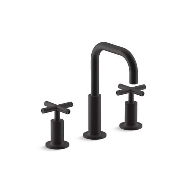 slide 1 of 1, Kohler Purist® Widespread Bathroom Sink Faucet with Low Cross Handles and Low Gooseneck Spout (K-14406-3-BL)