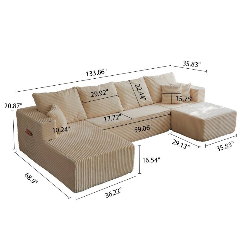 Modular Sectional Sofa with Chaise & Ottoman, Fabric Upholstered Boneless Cloud Sofa, Deep Seat Corner Sofa with Side Pockets
