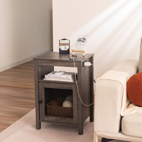 StorageWorks Farmhouse Nightstand with USB Ports & Power Outlets