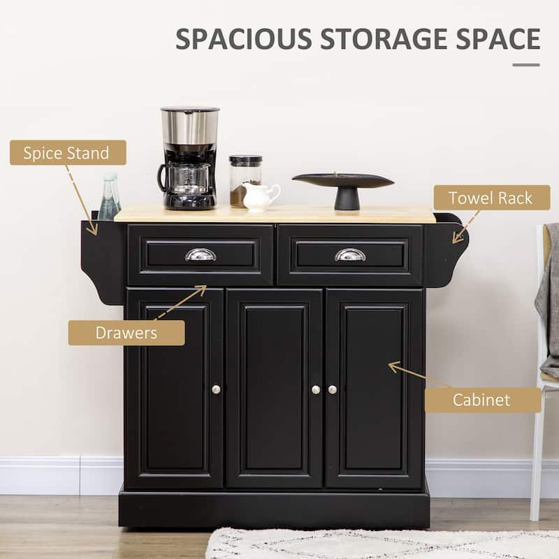 Kitchen Island with Storage, Rolling Kitchen Serving Cart with Rubber Wood Top, Storage Drawer and Cabinet