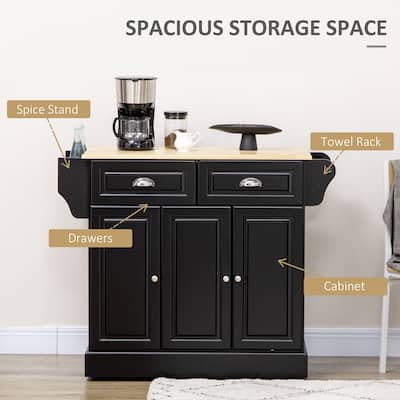 Rolling Kitchen Island with Rubberwood Butcher Block, Kitchen Cart with Adjustable Shelves, Kitchen Cabinet with Towel Rack