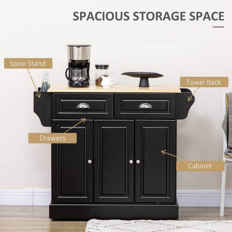 Rolling Kitchen Island with Storage, Kitchen cart with Wheels and Wood Countertop, Utility cart with 2 Drawers, 3 Cabinets