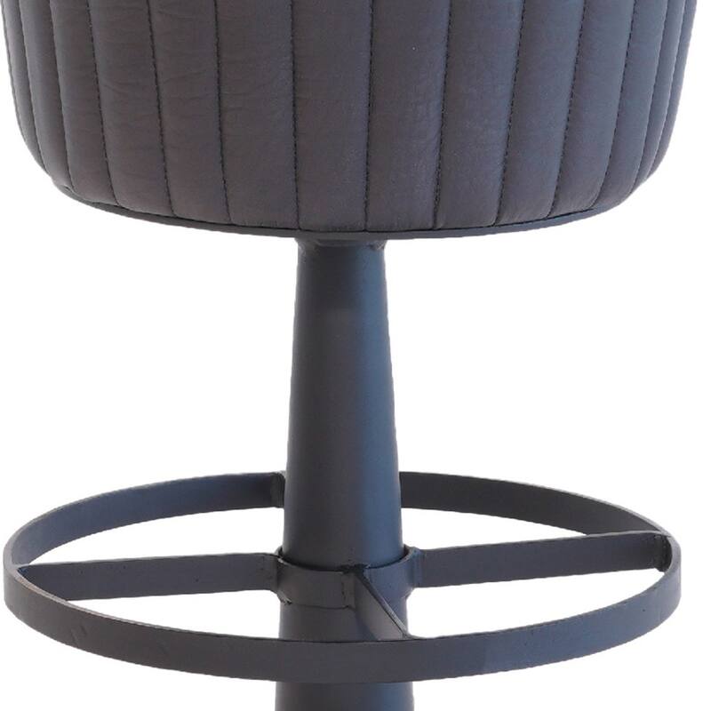 Myra Mushroom Counter Stool, Black Ribbed Leather, Dark Gray Iron Base