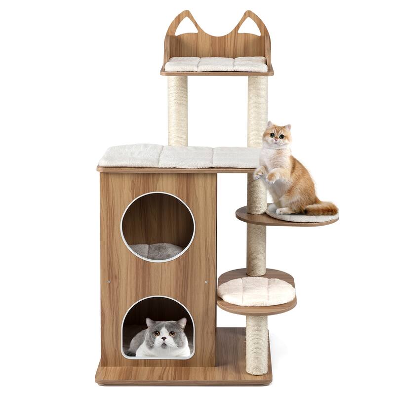 Natural and Beige Wooden Cat Tree Tower with Dual Condos Perches and Scratching Posts 48 Inch - 32" x 22.5" x 48" (L x W x H)