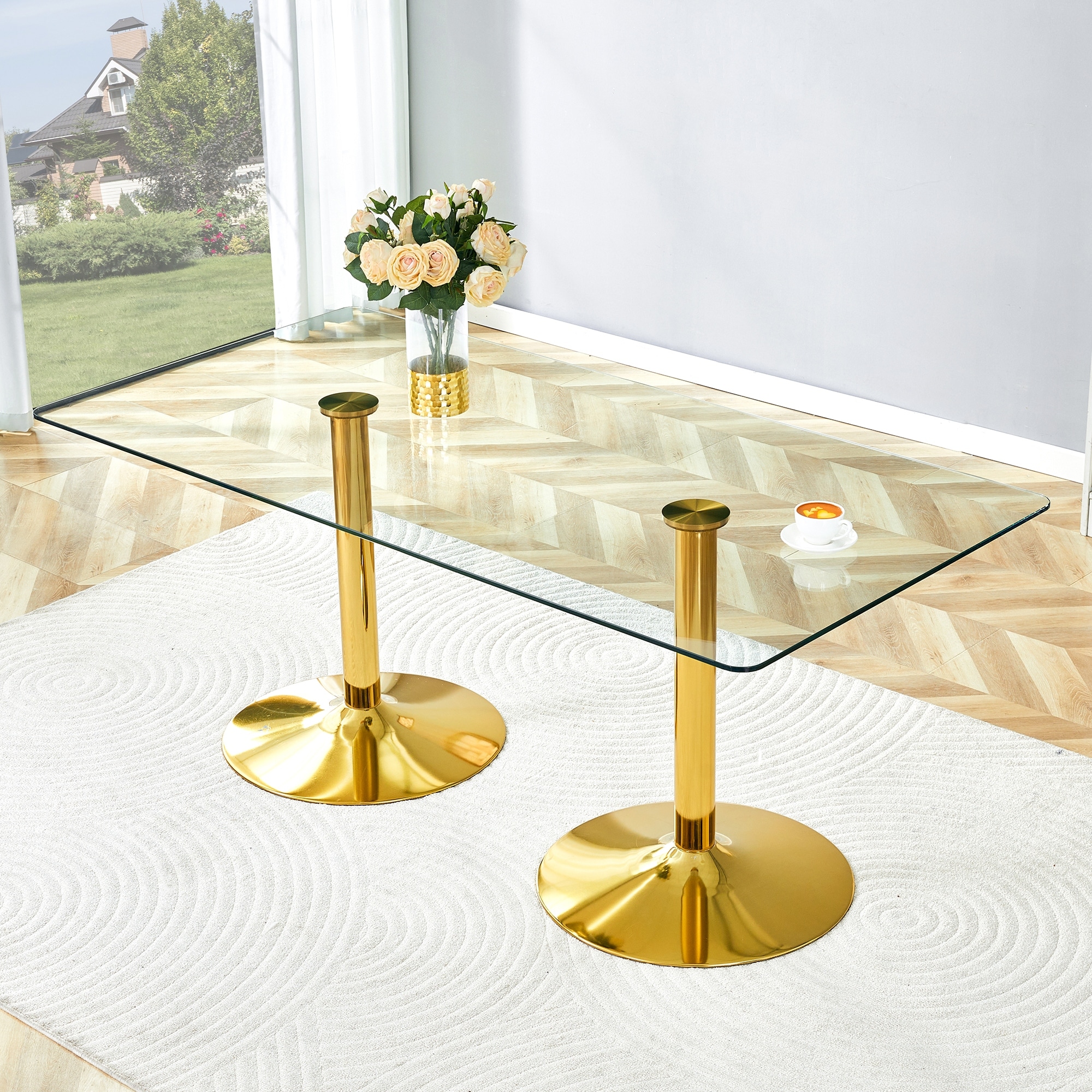 Rectangular Glass Top Dining Table with Metal Legs Modern Minimalist Design